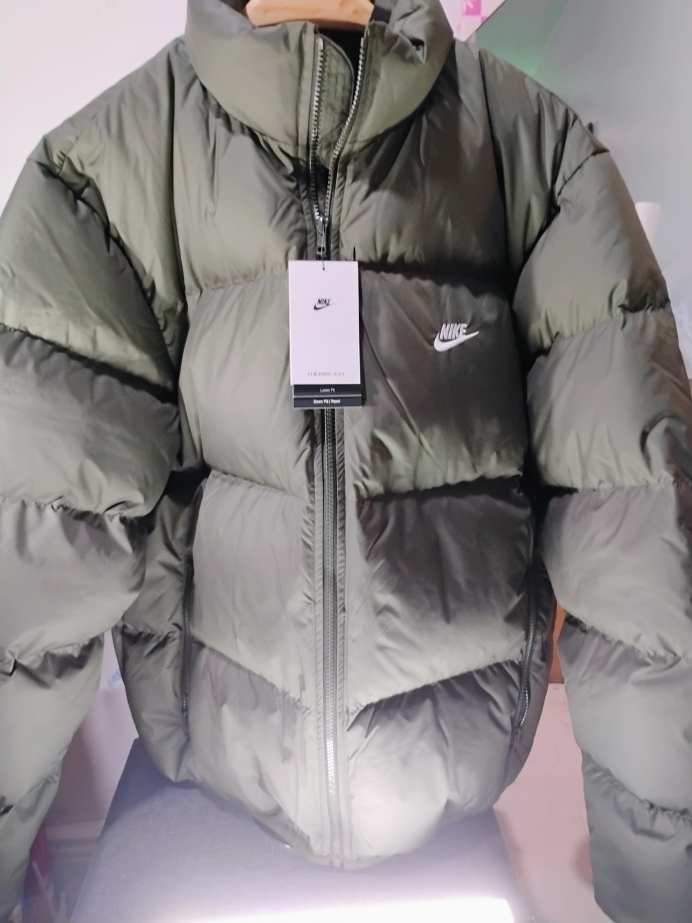 Nike Olive Puffer Jacket with High Collar Size: Medium NWT